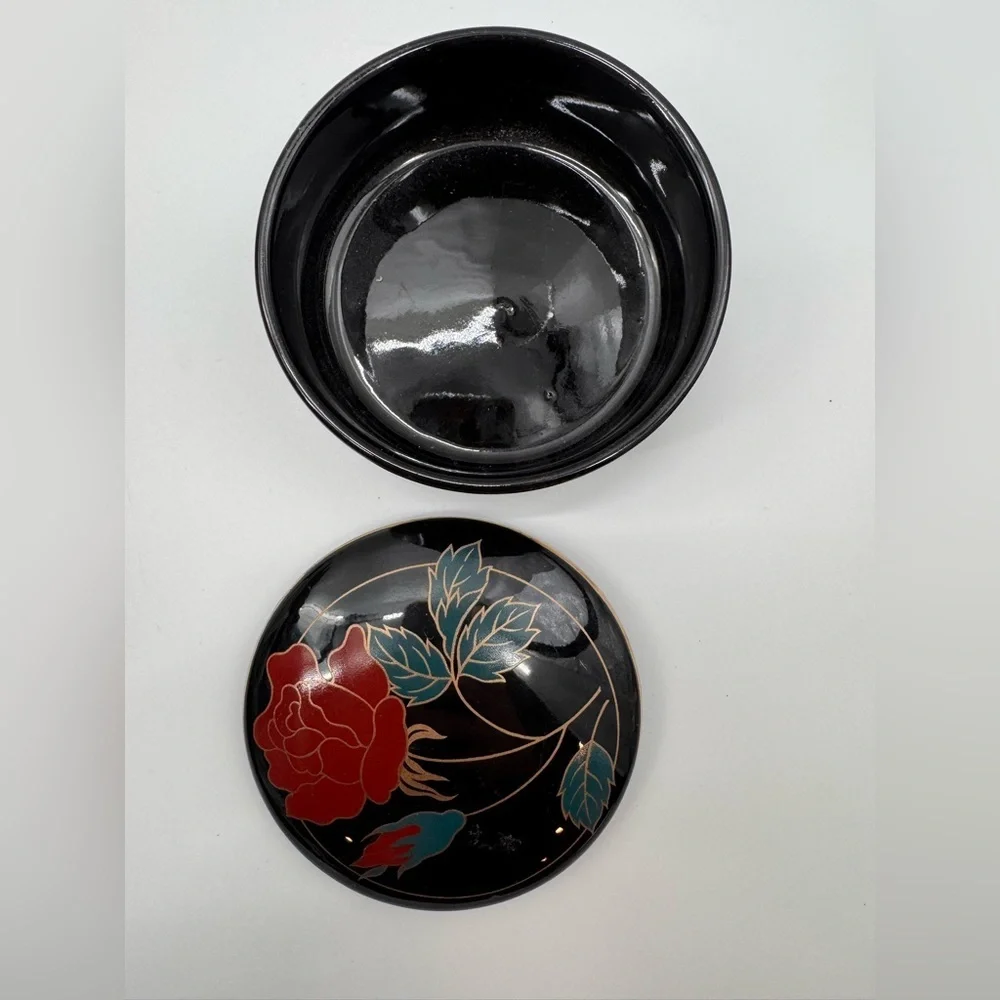 Vintage Porcelain Black Round Shaped Trinket Dish Red Rose 3.5”